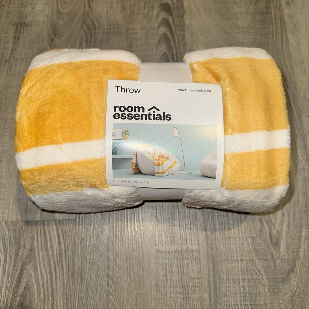 Room Essentials Yellow White Striped Plush Throw Blanket 50x60 NWT